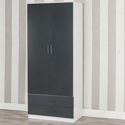 Urbnliving 180Cm Tall Wooden 2 Door Wardrobe White Carcass And Black Drawers With 2 Drawers Bedroom Storage Hanging Bar Clothes - image 1