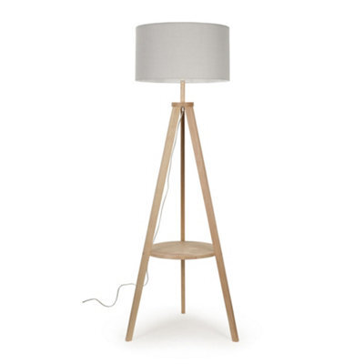 Valuelights Morrigan Natural Wood Shelf Tripod Floor Lamp With Grey Drum Shade And Bulb - image 1