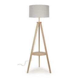 Valuelights Morrigan Natural Wood Shelf Tripod Floor Lamp With Grey Drum Shade And Bulb - thumbnail 1