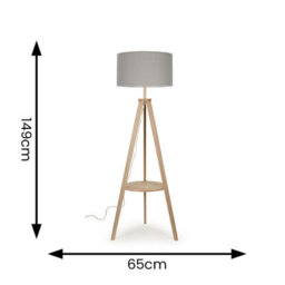 Valuelights Morrigan Natural Wood Shelf Tripod Floor Lamp With Grey Drum Shade And Bulb - thumbnail 9