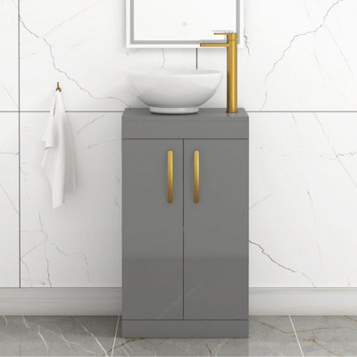 Royal Bathrooms 500mm Floor Standing Vanity Unit 2 Door Indigo Grey Gloss & Countertop Basin - Breeze With Brushed Brass Handle - image 1