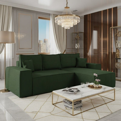 Malaga L Shaped Mdf Corner Sofa Bed With Storage And Pull Out Seat Loose Back Cushions Green Corduroy Right - image 1