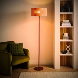 Valuelights Heather Dark Wood Floor Lamp With Orange Checkerboard Bamboo Shade And Bulb
