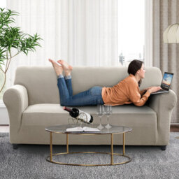 Ameha Spandex Sofa Cover Elasticated Bottom Luxury Living Room Beige 3 Seater 185 X 230 Cm Stretch Sofa Pet Protector - thumbnail 3