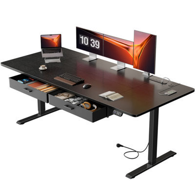 Electric Standing Desk With Power Outlets, 180 X 80 Cm Sit Stand Desk With 2 Drawers, Usb Ports,height Adjustable, Black - image 1