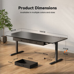 Electric Standing Desk With Power Outlets, 180 X 80 Cm Sit Stand Desk With 2 Drawers, Usb Ports,height Adjustable, Black - thumbnail 2