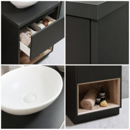 Homestylestore Dark Oak 600mm Led Lit Bathroom Vanity Unit Rectangular Chalk Basin And Open Shelf - thumbnail 2