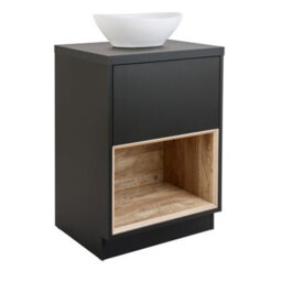 Homestylestore Dark Oak 600mm Led Lit Bathroom Vanity Unit Rectangular Chalk Basin And Open Shelf