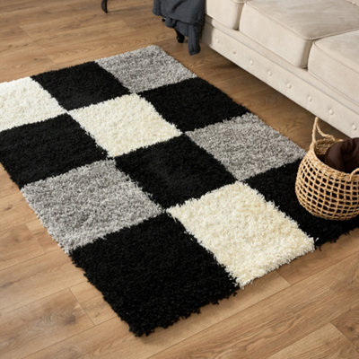 "Bravich Black Checked Shaggy Rug 120 X 170Cm (4' X 5'6"")" - image 1