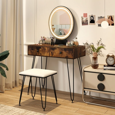 Costway 80 Cm Vanity Set W/ Lighted Mirror Makeup Dressing Table W/ Cushioned Stool-Brown - image 1