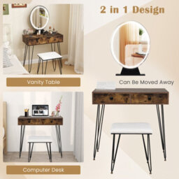 Costway 80 Cm Vanity Set W/ Lighted Mirror Makeup Dressing Table W/ Cushioned Stool-Brown - thumbnail 9
