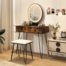 Costway 80 Cm Vanity Set W/ Lighted Mirror Makeup Dressing Table W/ Cushioned Stool-Brown - thumbnail 1