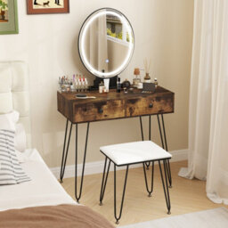 Costway 80 Cm Vanity Set W/ Lighted Mirror Makeup Dressing Table W/ Cushioned Stool-Brown - thumbnail 4