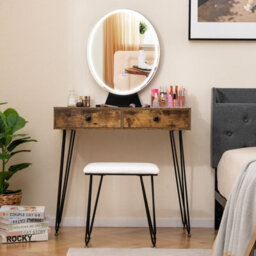 Costway 80 Cm Vanity Set W/ Lighted Mirror Makeup Dressing Table W/ Cushioned Stool-Brown - thumbnail 5