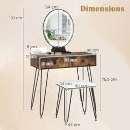 Costway 80 Cm Vanity Set W/ Lighted Mirror Makeup Dressing Table W/ Cushioned Stool-Brown - thumbnail 3