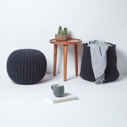 Homescapes Black Round Cotton Knitted Pouffe Footstool - thumbnail 6