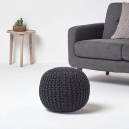 Homescapes Black Round Cotton Knitted Pouffe Footstool - thumbnail 2