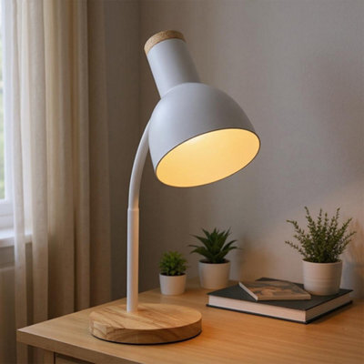 Living And Home Modern White Table Lamp With Flexible Arm And Wooden Base, 46Cmh - image 1