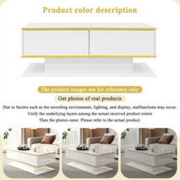 Abrihome Modern Led Coffee Table With High-Gloss Finish, Gold Accents, 3 Drawers & Usb Led Light Strip (Adapter/power Bank Required) - thumbnail 4