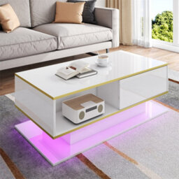 Abrihome Modern Led Coffee Table With High-Gloss Finish, Gold Accents, 3 Drawers & Usb Led Light Strip (Adapter/power Bank Required)