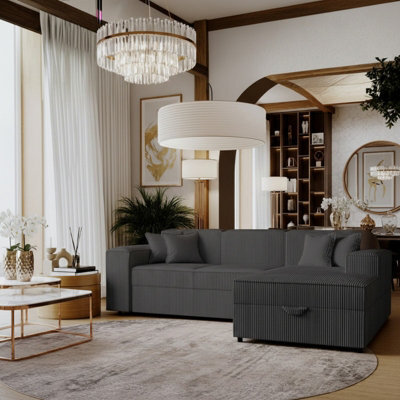 Santos L Corner Sofa Bed For Living Room Chipboard Frame Polyurethane Foam Wave Springs 253X166X79 Cm Dark Grey Right - image 1