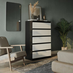 Urbn-Living Urbnliving 109Cm Height 5 White Drawer Skagen Black Wooden Bedroom Chest Cabinet No Handle Storage Cupboard