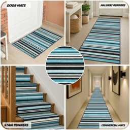 Bravich Hard Wearing Hessian Backed Stair Runner Kitchen Mat - Texas Teal Lines - 60X360Cm (2'x12') - thumbnail 7