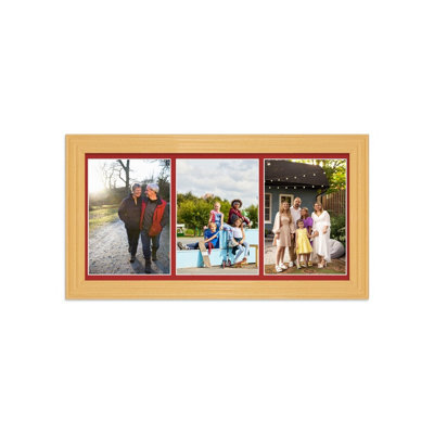 AK Frames 16X8 Country Pine Classic Multi Photo Frame With Crimson Mount - Holds 3 Apertures (3X) 7X5 Photos - image 1