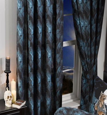 "66"" X 72"" Loups Garou Pencil Pleat Curtain Set, Alchemy England, Wolves Blue Black" - image 1