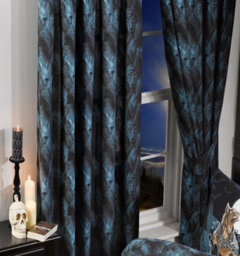 "66"" X 72"" Loups Garou Pencil Pleat Curtain Set, Alchemy England, Wolves Blue Black"