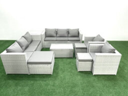 Fimous Outdoor Rattan Sofa Garden Furniture Set 2 Armchairs Oblong Coffee Table 3 Stools Side Table Light Grey - thumbnail 2