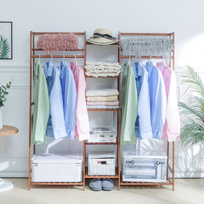 Darphe Freestanding Bamboo Clothing Rack With 5 Tier Storage Shelves Multi-Functional Clothes Hanging Rack Stand - image 1