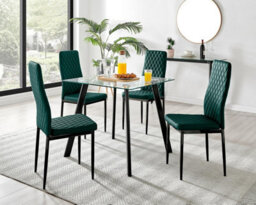 Furniturebox Uk Seattle Glass And Black Leg Square Dining Table & 4 Green Velvet Milan Black Leg Chairs