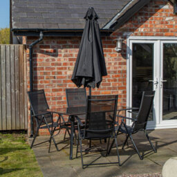 Samuel Alexander Outdoor 4 Person Rectangular Glass Top Garden Dining Table Chairs With Black Parasol And Base Set - thumbnail 2