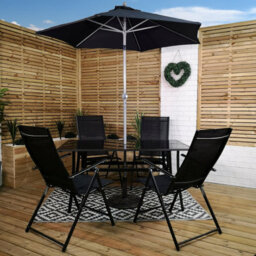 Samuel Alexander Outdoor 4 Person Rectangular Glass Top Garden Dining Table Chairs With Black Parasol And Base Set - thumbnail 1