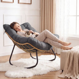 Costway Outdoor Papasan Rocking Chair Oversized Pe Wicker Patio Egg Chair With Thick Cushion-Grey - thumbnail 4