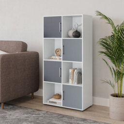 Urbn-Living Urbnliving 119Cm Height 8 Cube Bookcase White Wood Grey Door Metal Handle Display Storage Shelf - thumbnail 2