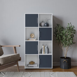 Urbn-Living Urbnliving 119Cm Height 8 Cube Bookcase White Wood Grey Door Metal Handle Display Storage Shelf