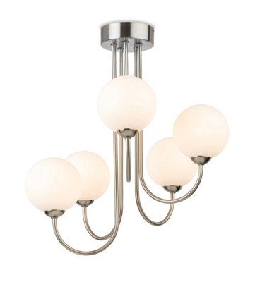 Luminosa Lighting Luminosa Lyndon 5 Light Globe Flush Fitting Brushed Steel With Opal White Glass