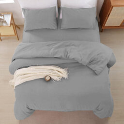 Oxford Homeware Grey Super King Plain Dyed Duvet Cover, Fitted Sheet & Pillowcases Set 4 Piece Bed Sets - thumbnail 6