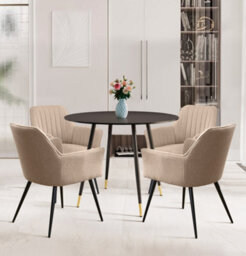 Hallowood Furniture Finley Small Round Dining Table In Black Finish With 4 Light Brown Fabric Armed Chairs