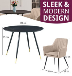 Hallowood Furniture Finley Small Round Dining Table In Black Finish With 4 Light Brown Fabric Armed Chairs - thumbnail 3