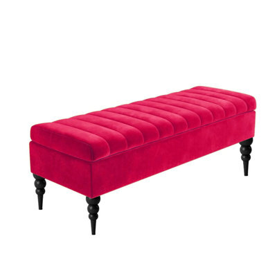 137Cm Sierra Striped Ottoman Storage Bench With Black Turned Wooden Legs - Claret Red Plush Velvet Upholstered Shoes Bench - image 1