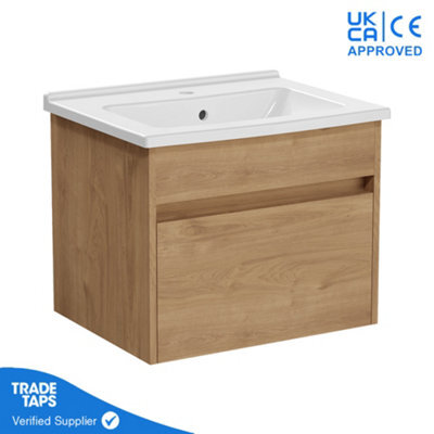 Vitra 600mm Wall Hung Bathroom Vanity Unit With 1 Drawer & Basin - Golden Oak