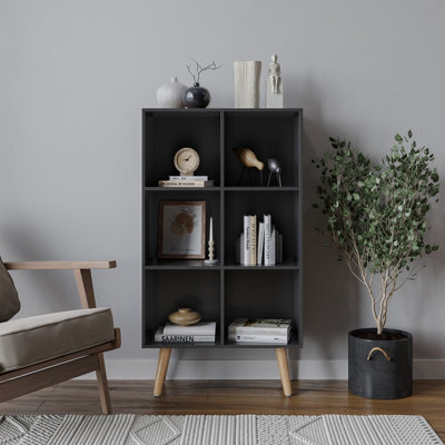 Urbn-Living Urbnliving 90Cm Height 6 Cube Black Wooden Bookcase With Beech Legs Living Room Bedroom Unit Shelves - image 1