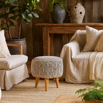 Wyld Haus Como Boho Crochet Cotton Footstool Grey With Mango Wood Legs - image 1
