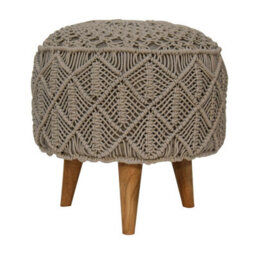 Wyld Haus Como Boho Crochet Cotton Footstool Grey With Mango Wood Legs - thumbnail 2