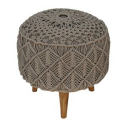 Wyld Haus Como Boho Crochet Cotton Footstool Grey With Mango Wood Legs - thumbnail 3