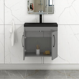 Royal Bathrooms Turin 600mm Wall Hung Vanity Unit 2 Door Indigo Grey Gloss With Black Basin & Handles - thumbnail 6
