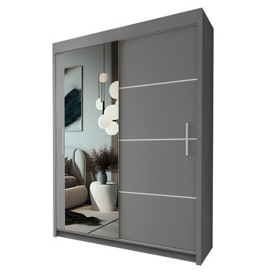 Lyon Sliding Door Wardrobe With Mirror, Shelves, Rails And Drawers, (Grey, 150 Cm ) - image 1
